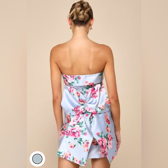 💕NWT💕Lulu’s, Light Blue Floral Taffeta Strapless Bow Mini Dress.Sizes: Various - Picture 2 of 4